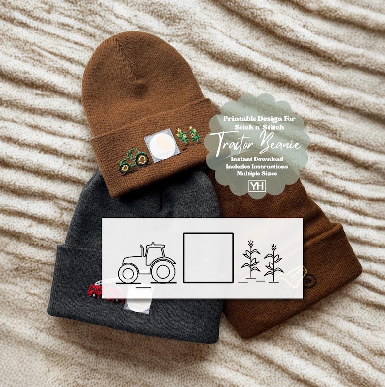 May include: Three beanies in brown and gray with embroidered tractor and corn designs. The brown beanie has a small tractor and corn stalks embroidered on the front. The gray beanie has a red truck and tractor design. The text on the image says "Tractor Beanie".