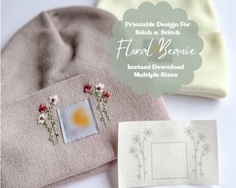 Handgeborduurde madeliefje en stelen, beanie afdrukbaar patroon, borduurmotief, bloemenhoed DIY