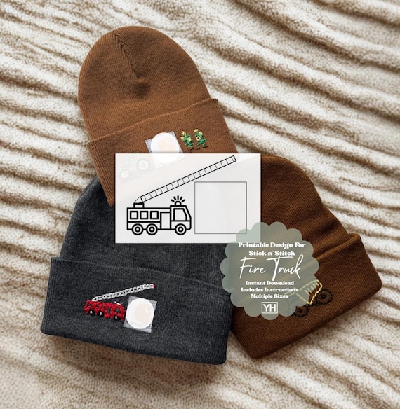 Hand Embroidered Fire Truck Beanie, Printable Pattern, Stick and Stitch Design For Hat