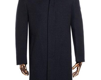 Mens Overcoat Mens Dress Coat Gray Zip Up Closure Knee Length Collared Wool Coat