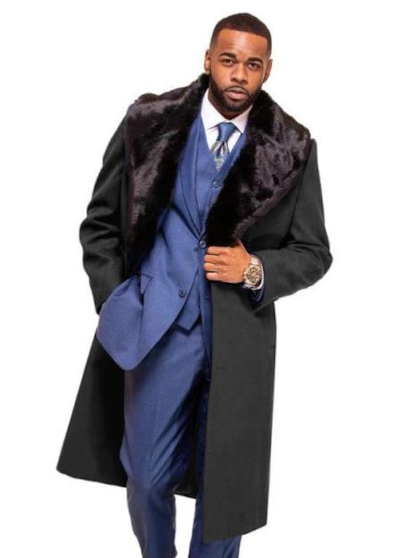 Charcoal Grey Overcoat Topcoat With Fur Collar in Cashmere and