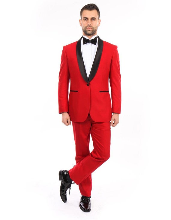 Men's Modern Fit Wool Shawl Prom Tuxedo in Red by Alberto | Etsy
