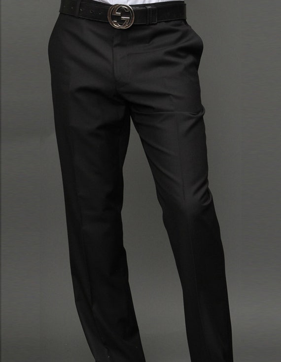 Black wool blend flat-front Dress Pants