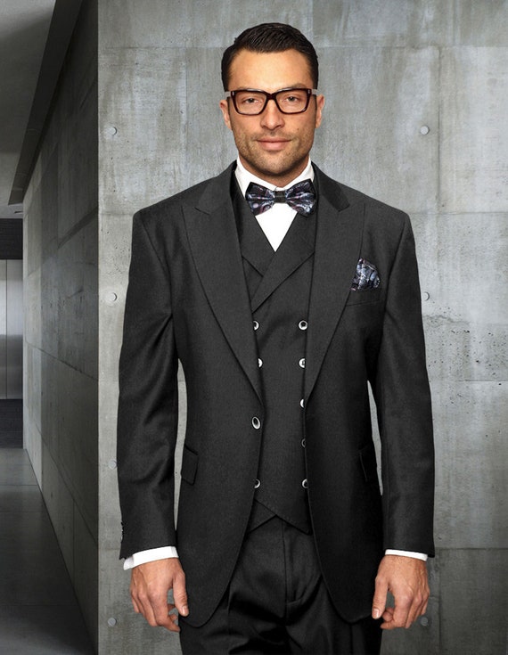 Two Button Solid Suit With Double Breasted Vest Charcoal Color 3pc