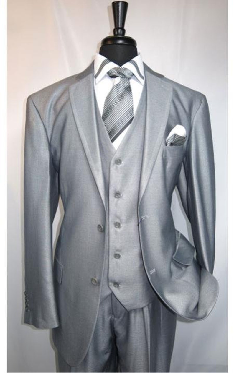 Mens Shiny Shark Skin Flashy Satin Looking Metallic Looking Vested 3 Piece Grey Suit