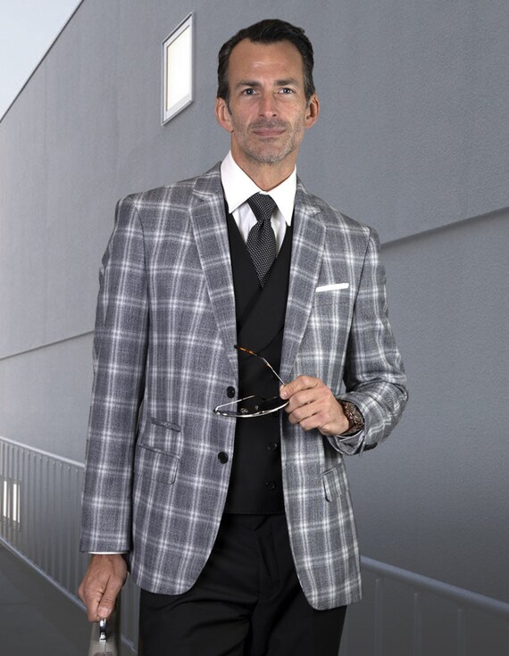2 Button Plaid Jacket With Scoop Double Breasted Vest Modern Fit Hand Made 3Pc Man Suit By Alberto Nardoni Brand Designer