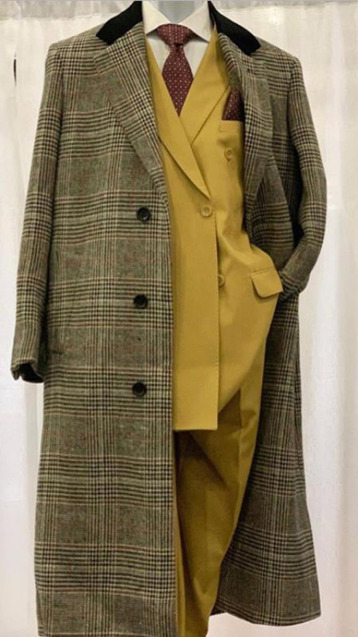 Mens Black and Grey Plaid Checkered Chesterfield Overcoat Top Coat Full