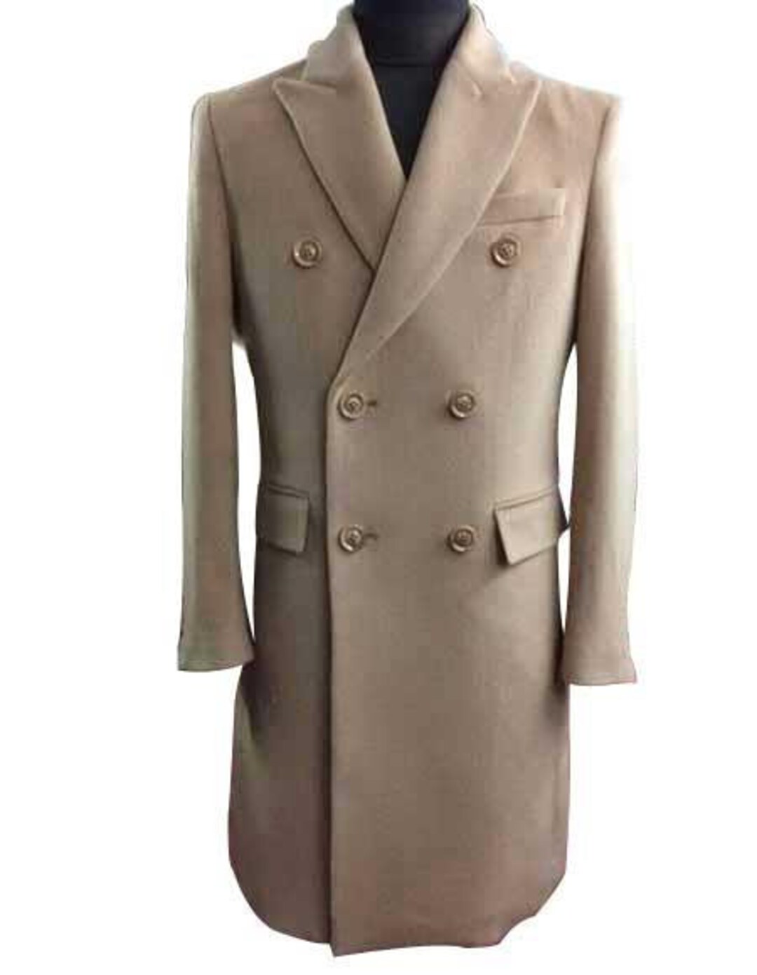 Men's Wool and Cashmere Double Breasted Long Overcoat Beige Camel Three Quarter Winter Men's