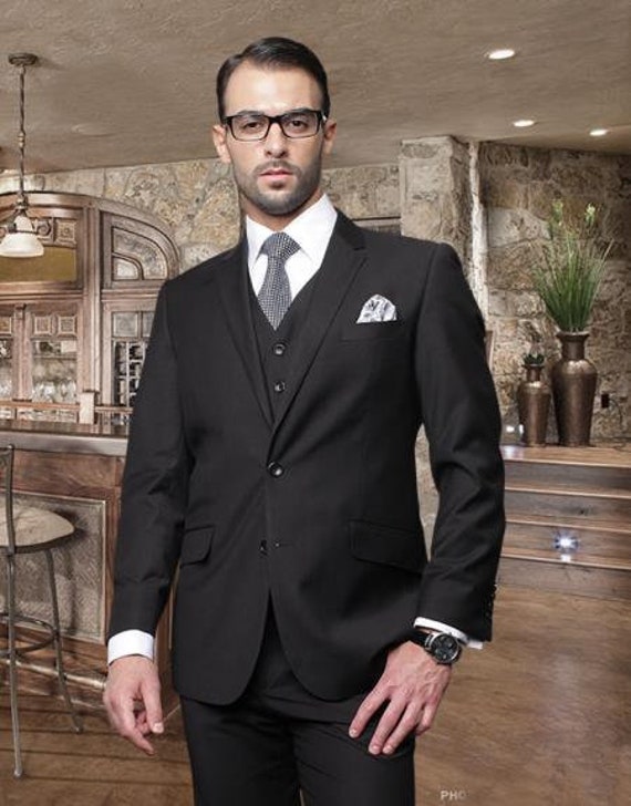 Mens 2 Button Black Color Suit With A Vest Super 150 S Italian