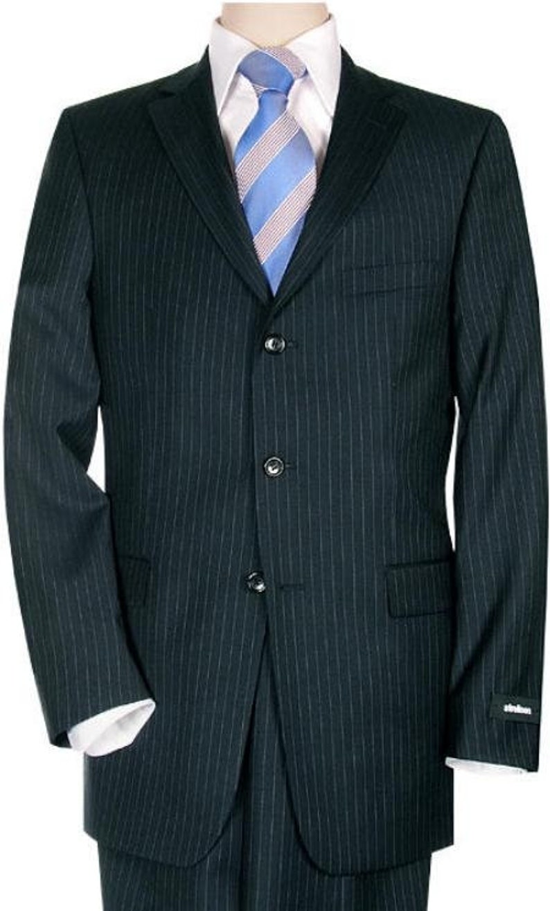 Three Buttons Bold Chalk Pinstripe Navy Blue Pinstripe Suit With Vest Three Pieces