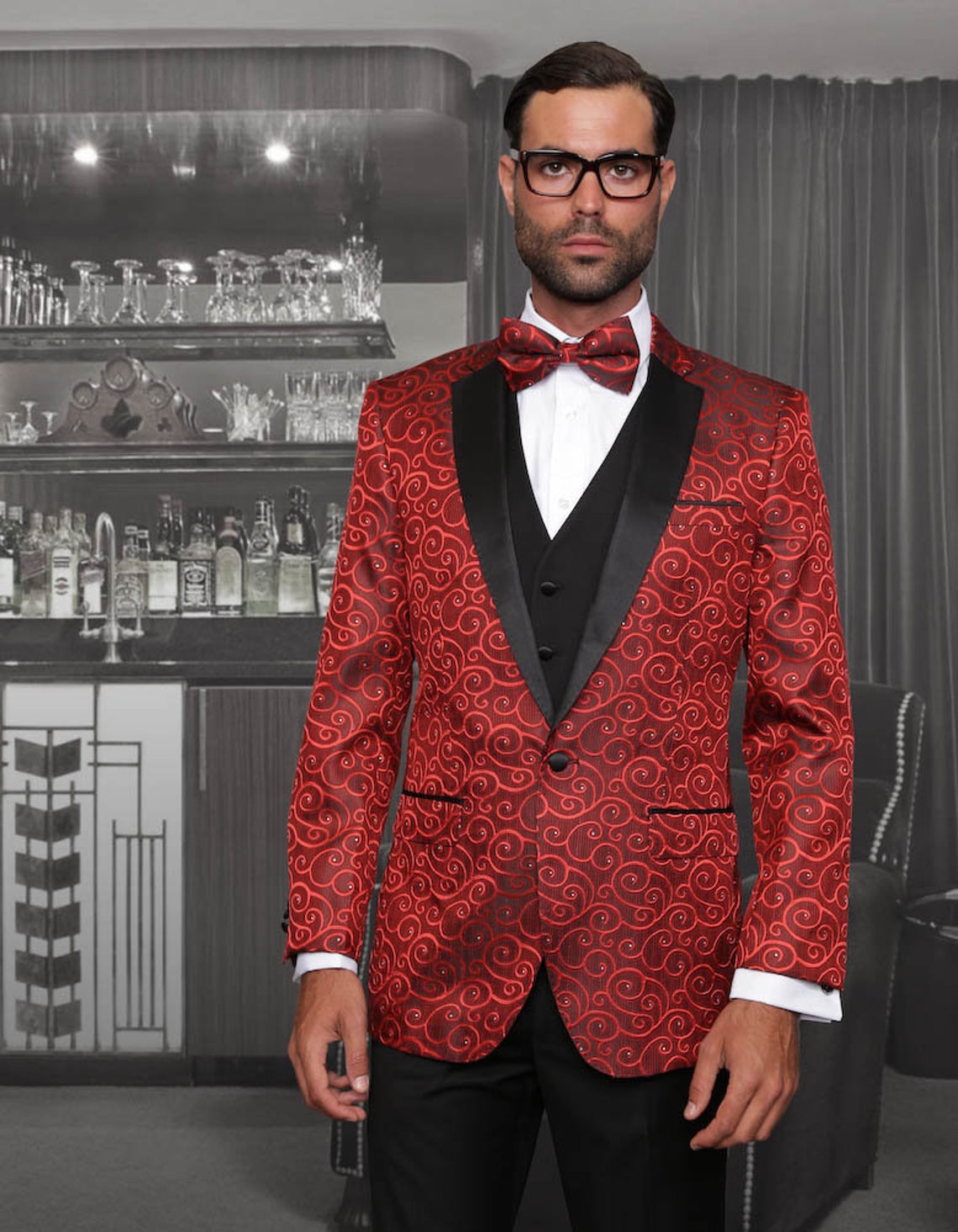 1 Button Mens Red Suit With Trim on the Collar 3pc Suit Etsy