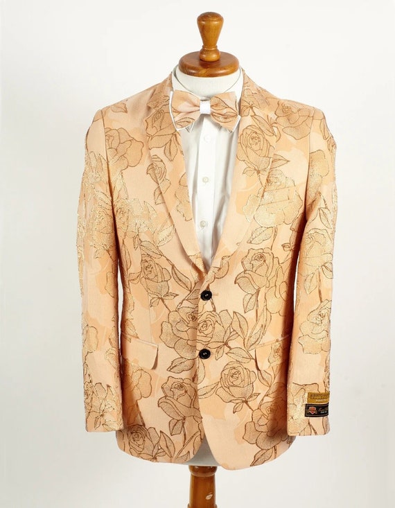 Mens 2 Button Champagne Peach Floral And Rose Design Prom Wedding Blazer