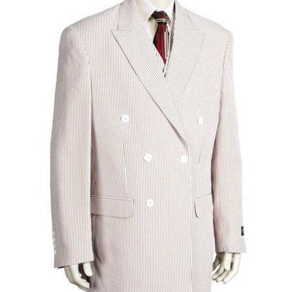 Men's 3 Button 35 Inch White/Turquoise ~ Aqua Seersucker Sear sucker Three buttons Zoot Suit - Pimp Suit - Zuit Suit Pinstriped Tuxedo Look Vest main image 1