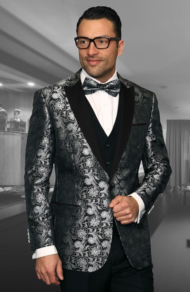 Mens Formal Trendy Slim Fit Fashion Suit by Statement Bellagio Black
