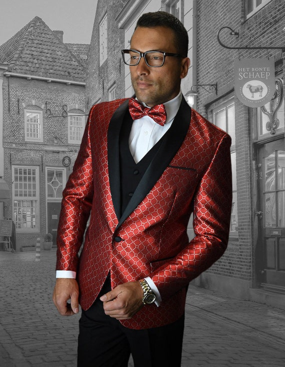 1 Button 3pc Suit Man Red Tuxedo with Shawl Lapel Modern Fit