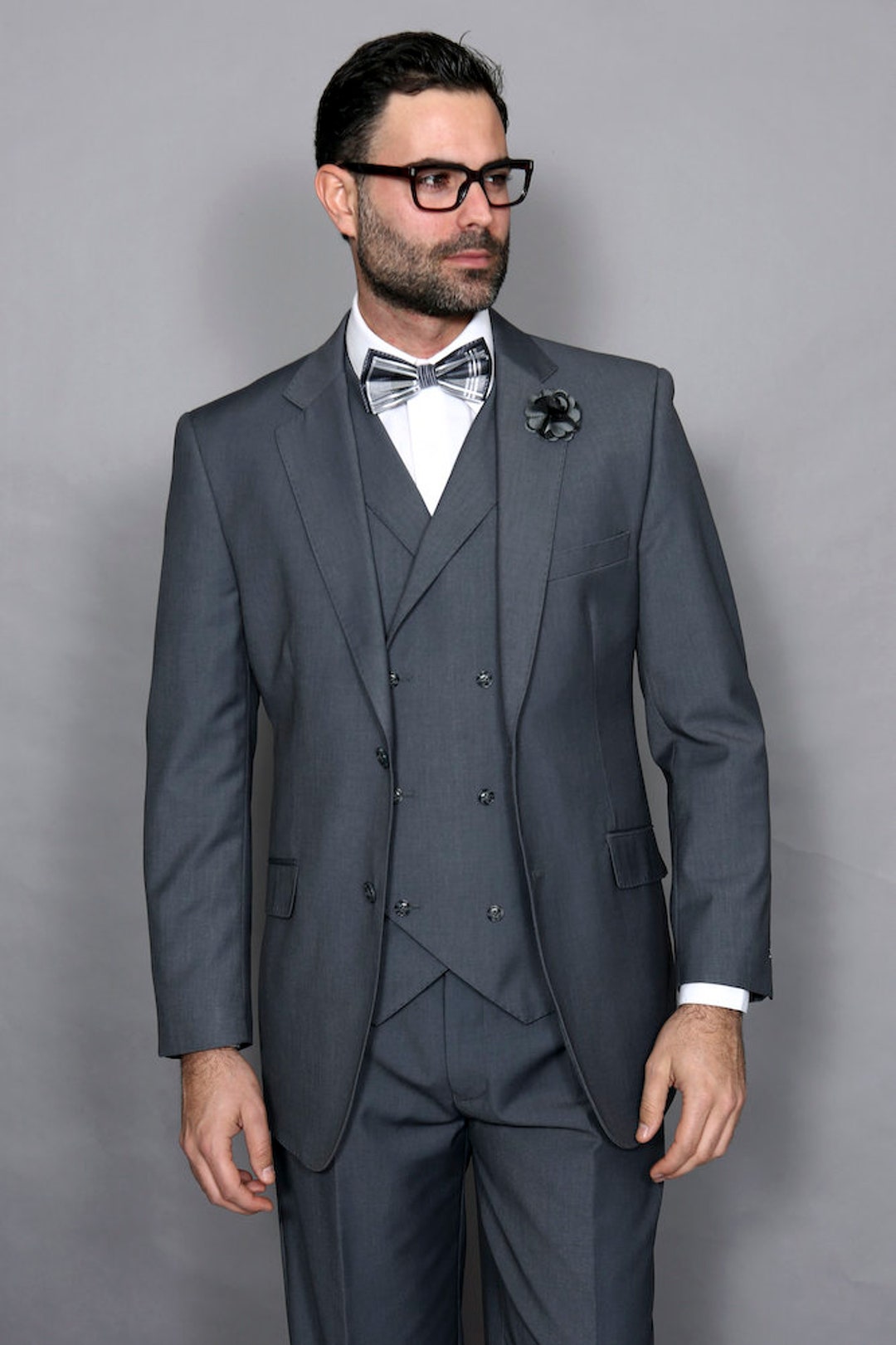 Men's 3 Piece Poly Poplin Charcoal Matching Vest Dress Suit Wth Pleated Pant