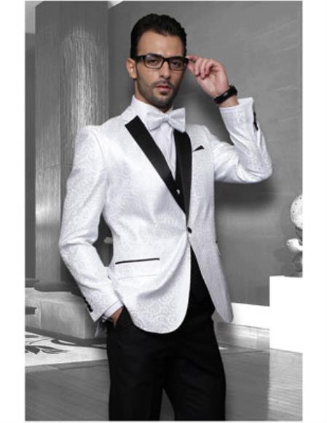Men's White Sport Coat Black Lapel Floral Shiny Tuxedo Etsy