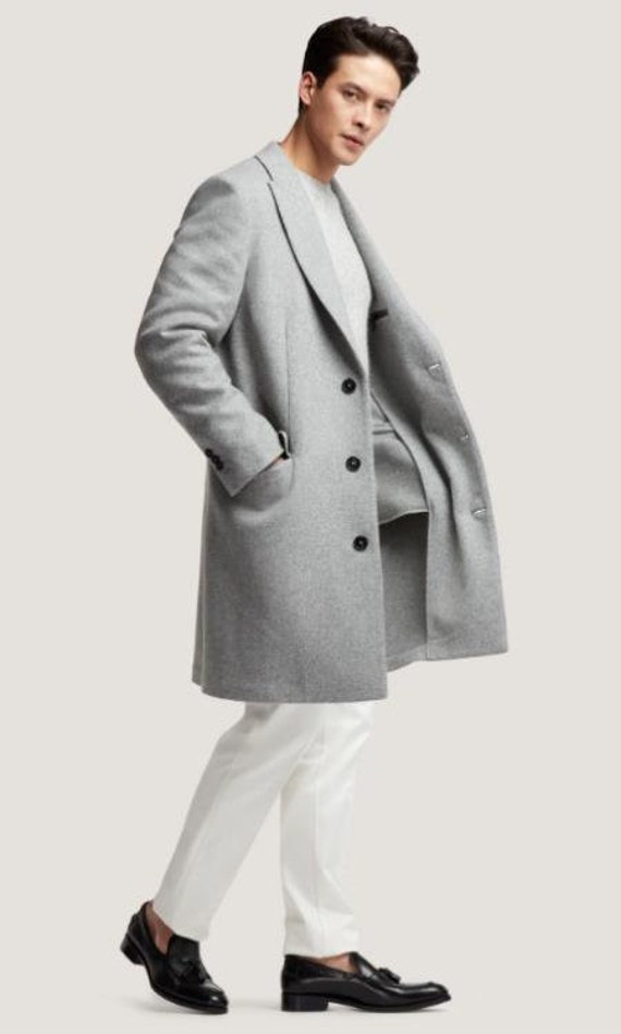 Mens Light Grey Wine Peak Lapel Two Flap Front Pockets Wool Coat