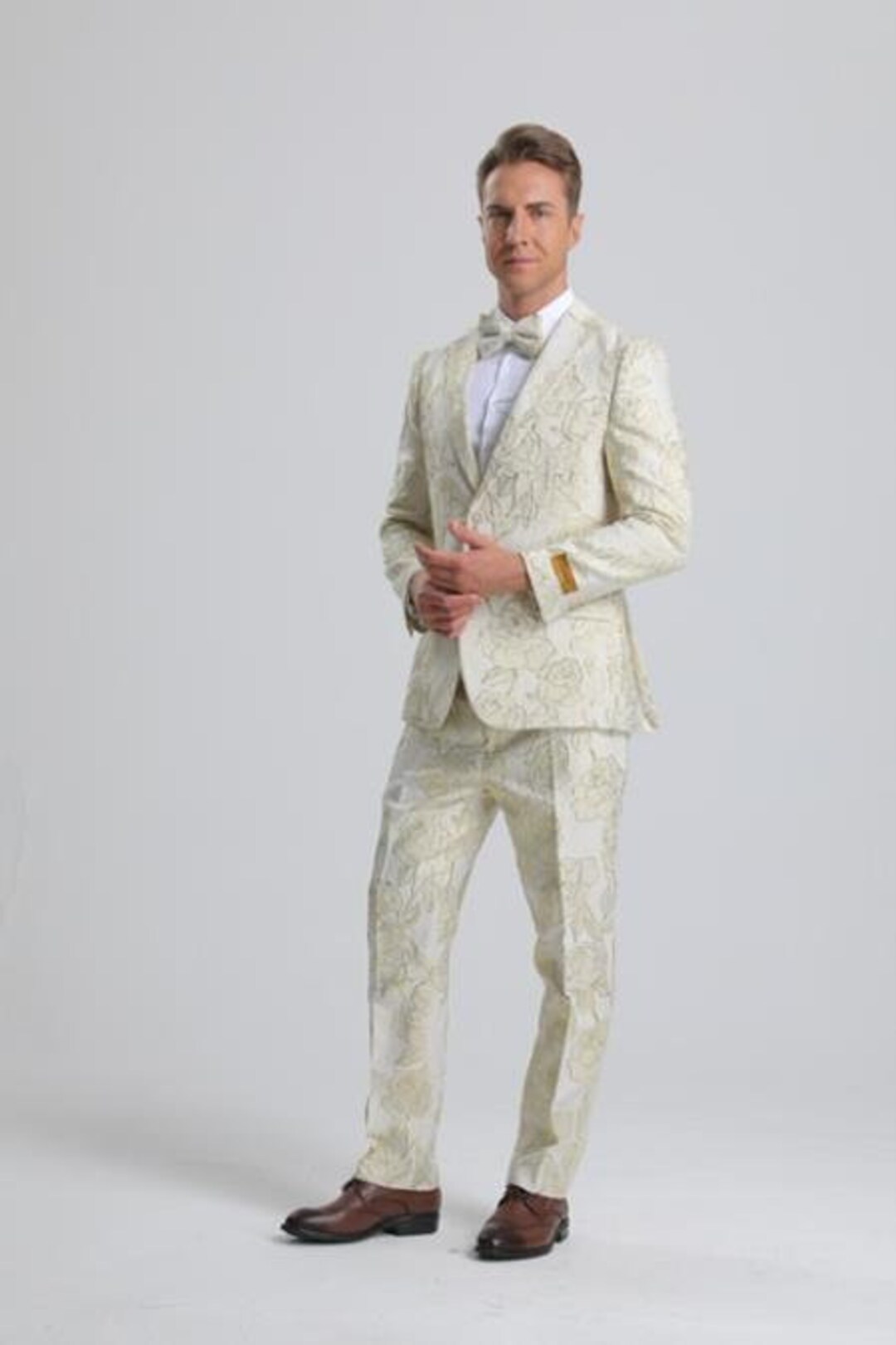 White Paisley Suit  - Fashion Prom Tuxedo - Wedding Suit