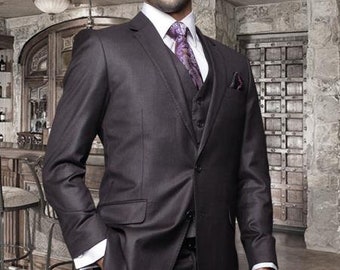 2 Button Light Gray ~ Grey Suit With A Vest Super 150'S Italian Pick Stitched Lapel Slanted Pocket  - Three Piece Suit - 100% Percent Wool Fabric Suit - Worsted Wool Business Suit