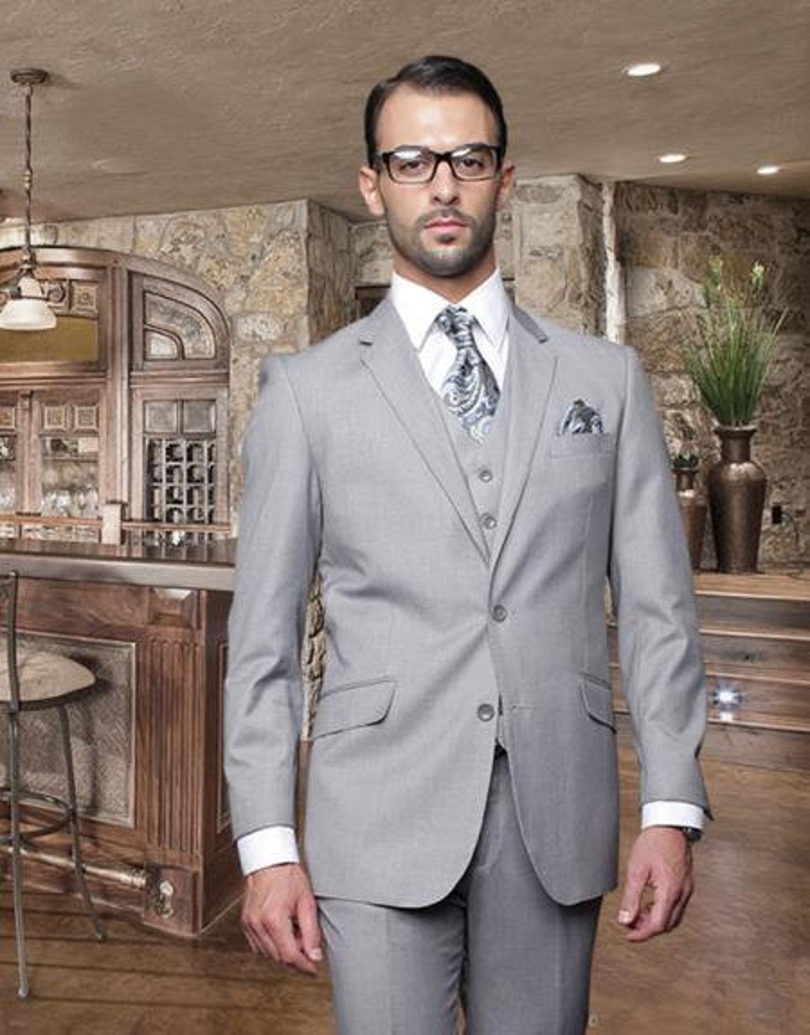 Mens 2 Button Light Gray Grey Suit With A Vest Super 150'S Italian Wool