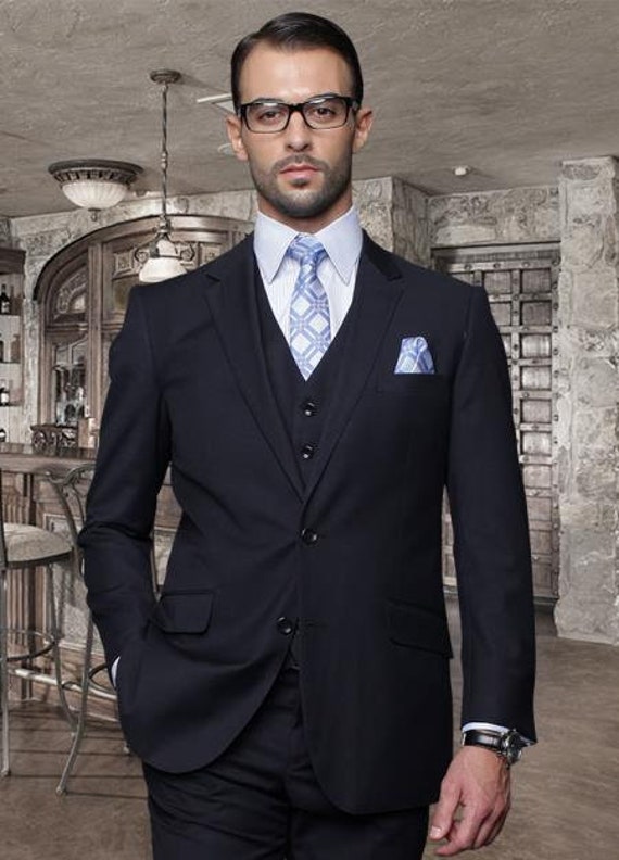 Mens 2 Button Navy Blue color Suit With A Vest Super 150'S Italian Wool  Pick Stitched Lapel Slanted Pocket