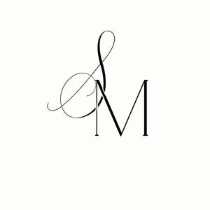 May include: Elegant black monogram featuring the letters "S" and "M" intertwined. The "S" is rendered in a flowing script, while the "M" is a bold, sans-serif font. The design is set against a clean white background, creating a sophisticated aesthetic.