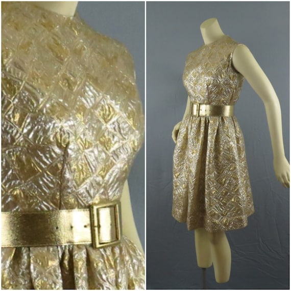 XS 1960's Gold Silver Metallic Dress Quilted Fabri