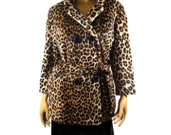 L XL Leopard Print Jacket | Leopard Print Coat | Double Breasted w/Belt Leopard Coat Rockabilly Pin Up Style size Large