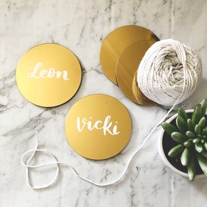 Personalised Gold Mirror Coasters | Wedding Place Cards | Special Occassion Place Card Coasters | Bomboniere | Wedding Favours