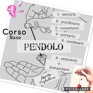 Peut inclure: Une illustration en noir et blanc d'une main tenant un pendule avec un cristal rouge à l'extrémité. L'image comprend le texte "Corso Base" et "PENDOLO" en noir. L'image comprend également une liste d'étapes en italien, numérotées de 1 à 7.