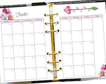 Planner Monthly Calendar, Undated Month on Two Pages, A5 Ring Insert, Printable Monthly Insert, Half Size Planner Refill, Filofax Pages