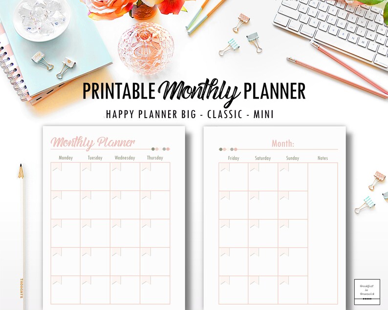 Monthly Planner at a Glance Printable Template Undated | Etsy