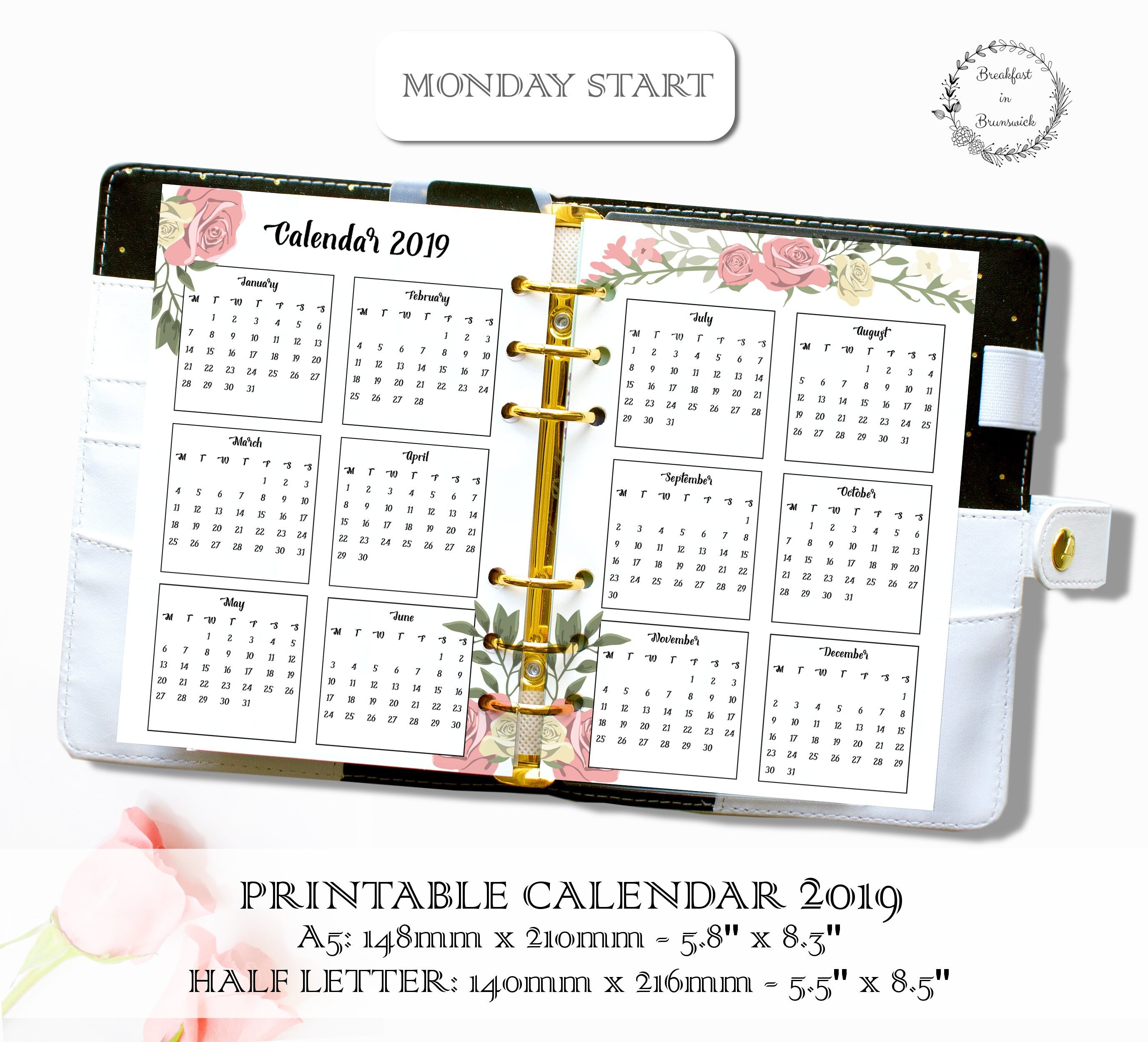 2019 Planner Calendar A5 Yearly Insert Half Page Calendar Etsy