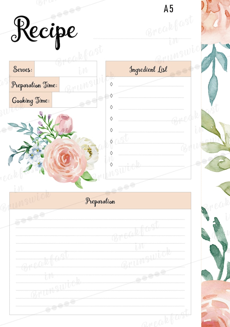 Printable Recipe A5 Recipe Planner Template Half Letter | Etsy