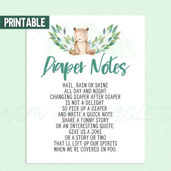 Baby Shower Diaper Notes Sign Thoughts Late Night Diapers For New Pas Cute Green Theme Printable