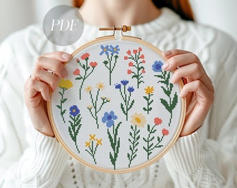 Wildflowers cross stitch pattern, Meadow flowers cross stitch pdf, Floral bouquet cross stitch chart, Spring sampler, Beginners, Simple