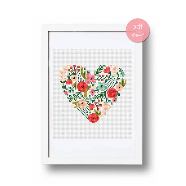 Modern cross stitch pattern, Flowers cross stitch pattern, Heart cross stitch pattern, Modern wall art, Pdf download, Embroidery chart