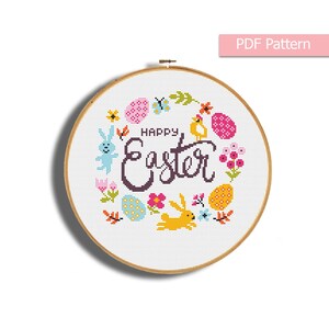 Easter cross stitch pattern, Spring cross stitch chart, Easter embroidery pdf, Easter hoop art, Spring hoop art, Easter wall decor, happy