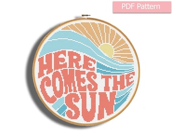 Summer cross stitch pattern, Summer embroidery, Sea and wave chart pdf, Modern boho wall decor, Surf club decor, Beach cross stitch, Sun