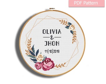 Wedding cross stitch pattern, Custom cross stitch chart, Floral embroidery pattern, Wedding gift, Anniversary cross stitch, Bridal shower