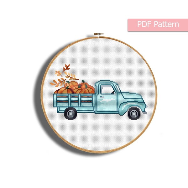 Autumn cross stitch pattern, Pumpkins car embroidery, Fall embroidery pattern, Counted cross stitch, Leaves pdf pattern, Fall chart pdf, art