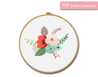 Bouquet of flowers cross stitch pattern, Modern cross stitch pattern, Floral hoop, Floral cross stitch, Pdf download, Embroidery chart