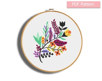 Flowers cross stitch pattern, Modern cross stitch, Floral embroidery pattern, Spring wall decor, Flower room decor, Spring Pdf pattern
