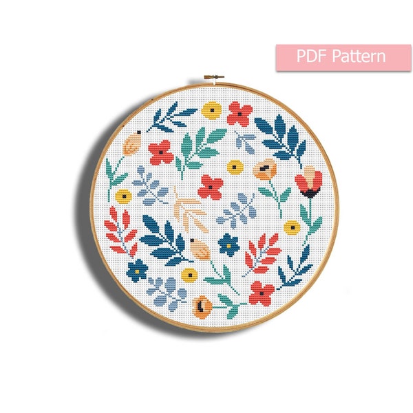 Floral cross stitch pattern, Modern cross stitch chart, Flowers embroidery, Floral hoop art, Flowers wall decor, Simple cross stitch, Pdf