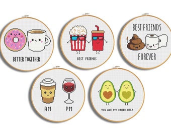 Set of 5 Funny cross stitch patterns, Best friends gift, Embroidery patterns, Modern cross stitch chart, Funny wall decor, Better together