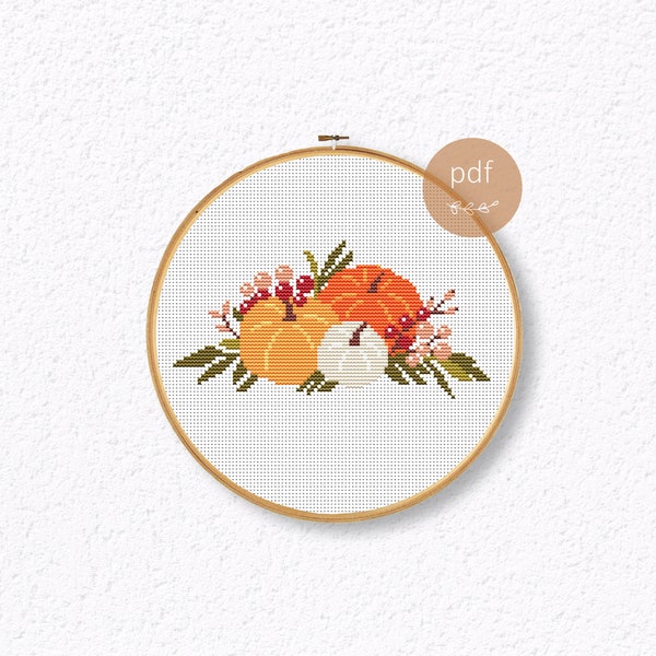 Pumpkins cross stitch pattern, Autumn cross stitch chart, Fall cross stitch, Halloween cross stitch pdf, Leaves, Thanksgiving day xstitch