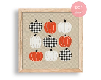 Pumpkins cross stitch pattern, Autumn embroidery chart, Fall embroidery pdf, Autumn wall decor, Halloween wall art, Plaid, Vibes, Beginner