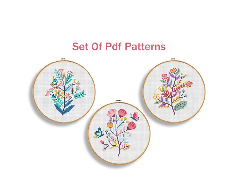 Embroidery patterns Pdf Floral cross stitch pattern Set of 3 flowers pattern Counted cross stitch Modern wall decor Flowers hoop art