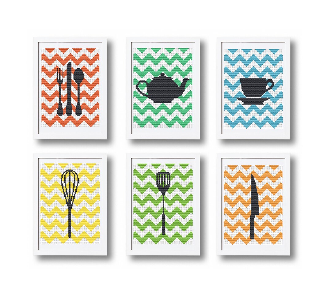 Set of 6 Cross Stitch Patterns, Kitchen Wall Decor, Kitchen Pattern Pdf